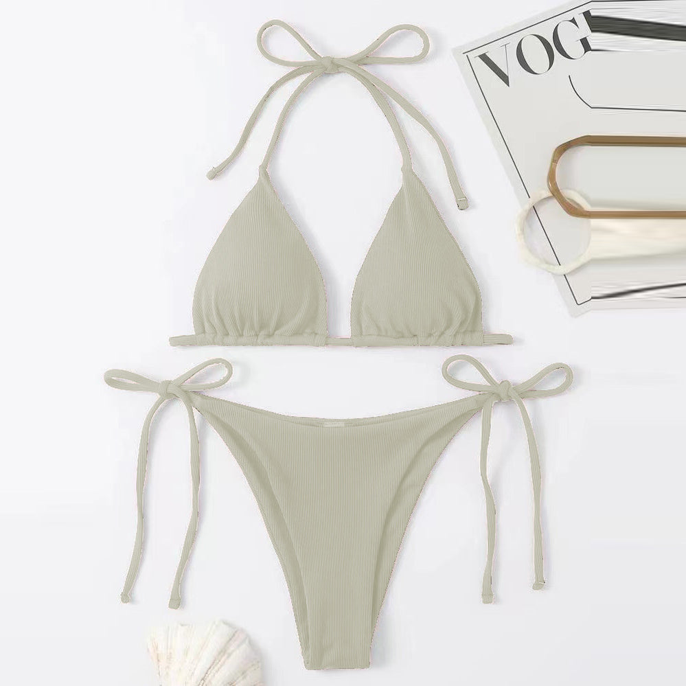 Conjunto de bikini sexy con tirantes finos de color liso para mujer de verano