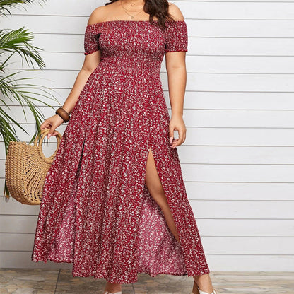Vestido largo bohemio informal con estampado floral y hombros descubiertos para mujer, talla grande