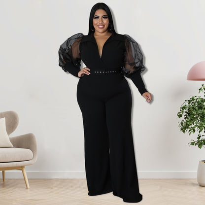 Plus Size Women Color Contrast Collar Jumpsuits