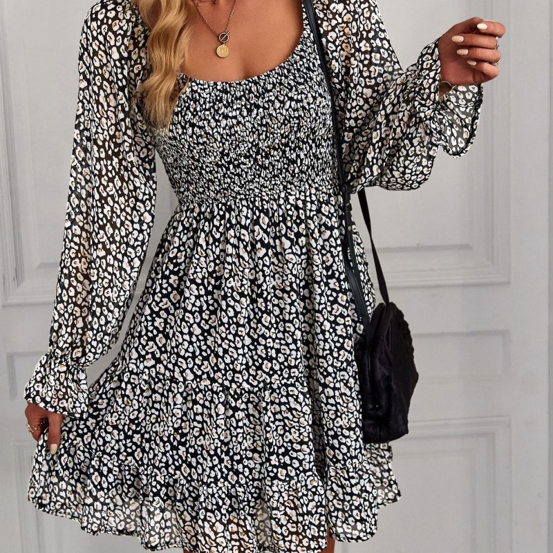 Women's Fashion Boho Style Floral Printing U-Neck Ruffled Dress