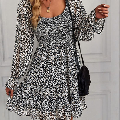 Women's Fashion Boho Style Floral Printing U-Neck Ruffled Dress