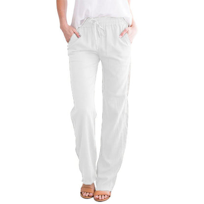 Women Casual Solid Color Cotton Linen Drawstring Pants