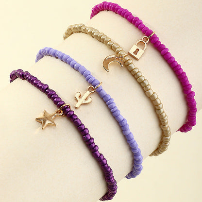 Conjunto de tobilleras con candado bohemio, estrella creciente y cactus