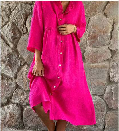 Robe chemise boutonnée décontractée en coton et lin pour femme, couleur unie