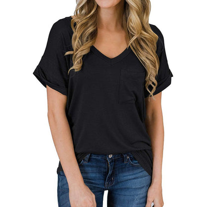 Camiseta lisa de manga corta con cuello en V para mujer