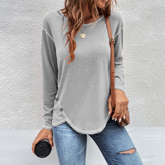 Women Simple Solid Color Button Irregular Round Neck Long Sleeve Blank T-Shirt