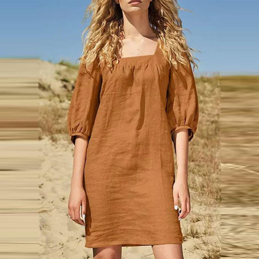 Women Fashion Casual Square Collar Puff Sleeve Dress