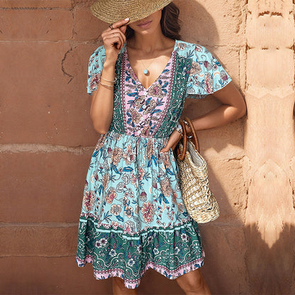 Summer Women Casual Bohemian V-Neck Floral Print Short Sleeve Dress