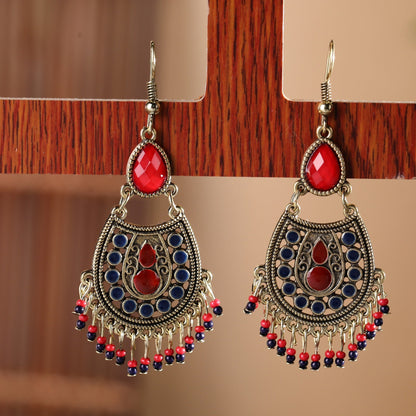 Pendientes de borlas huecas con piedras preciosas y cuentas bohemias para mujer