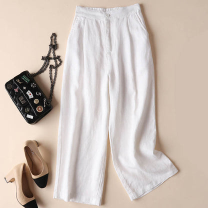 Women Fashion Casual Solid Color Linen Loose Cropped Pants