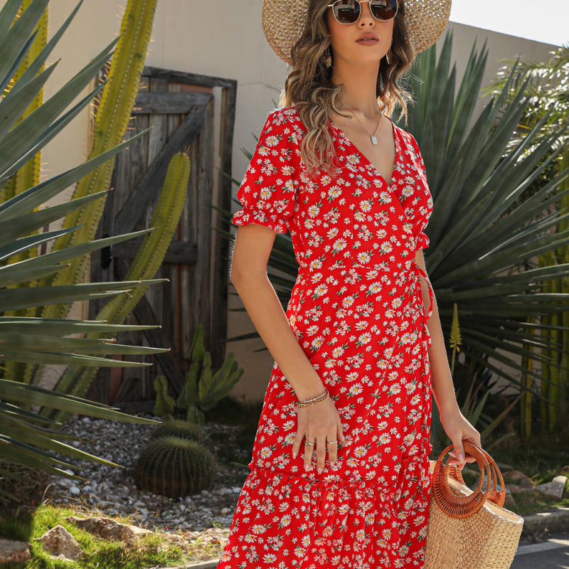 Robe de plage bohème sexy à col en V et imprimé floral en mousseline de soie