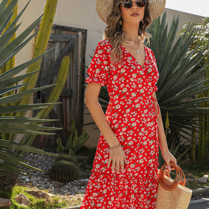 Robe de plage bohème sexy à col en V et imprimé floral en mousseline de soie