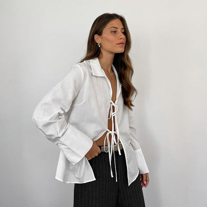 Camisa informal de manga larga con solapa y encaje para mujer de verano