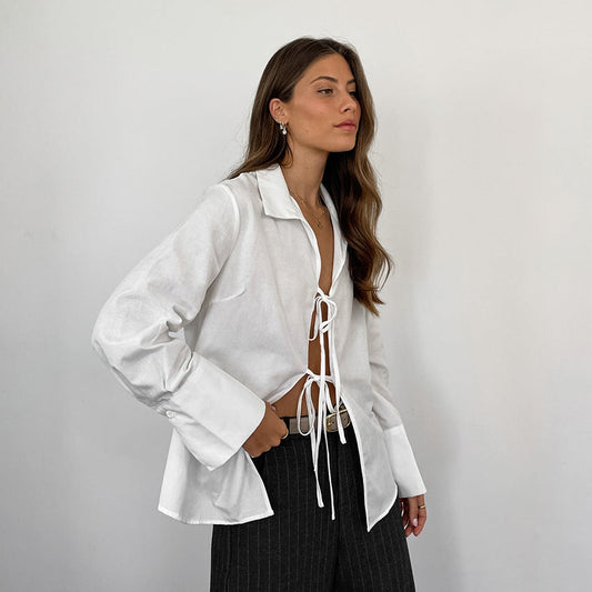 Summer Women Casual Lapel Lace Long Sleeve Shirt
