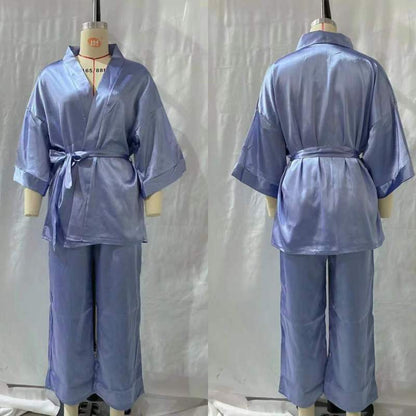 Women Solid Satin Long Sleeve Loose Lace-Up Pajamas Two Piece Set