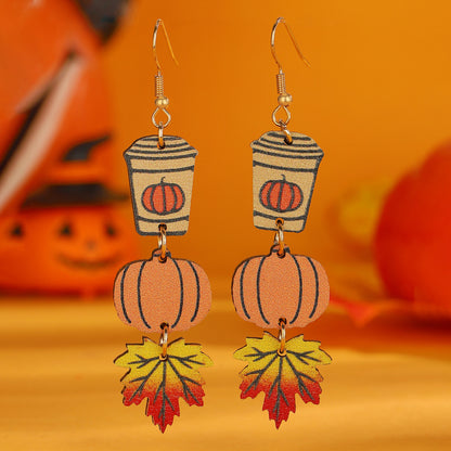 Halloween Women Cartoon Gothic Black Cat Ghost Pumpkin Wooden Earrings
