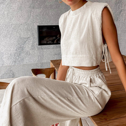 Conjunto de lino y algodón de color liso a la moda informal para mujer