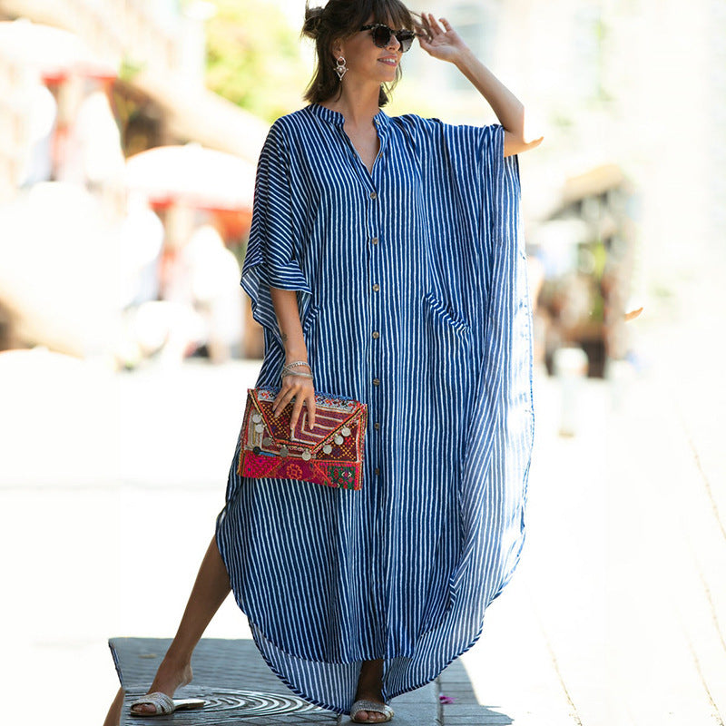 Women Fashion Summer Vacation Boho Style Leopard V Neck Loose Maxi Dress