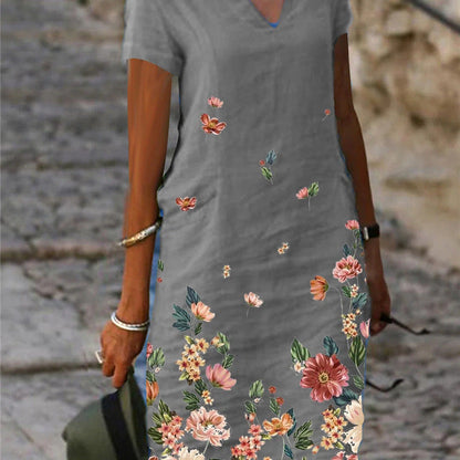Vestido informal de mujer con estampado floral, manga corta y cuello en V