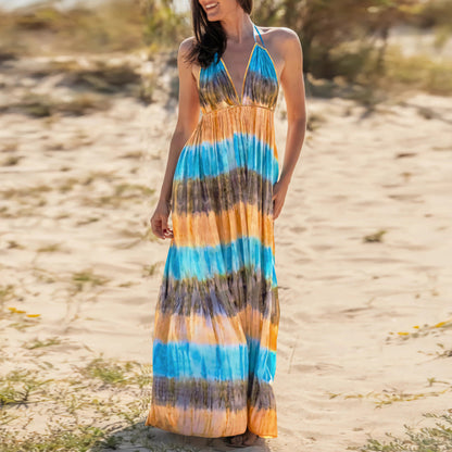 Vestido largo bohemio informal con espalda halter y estampado tie-dye para mujer
