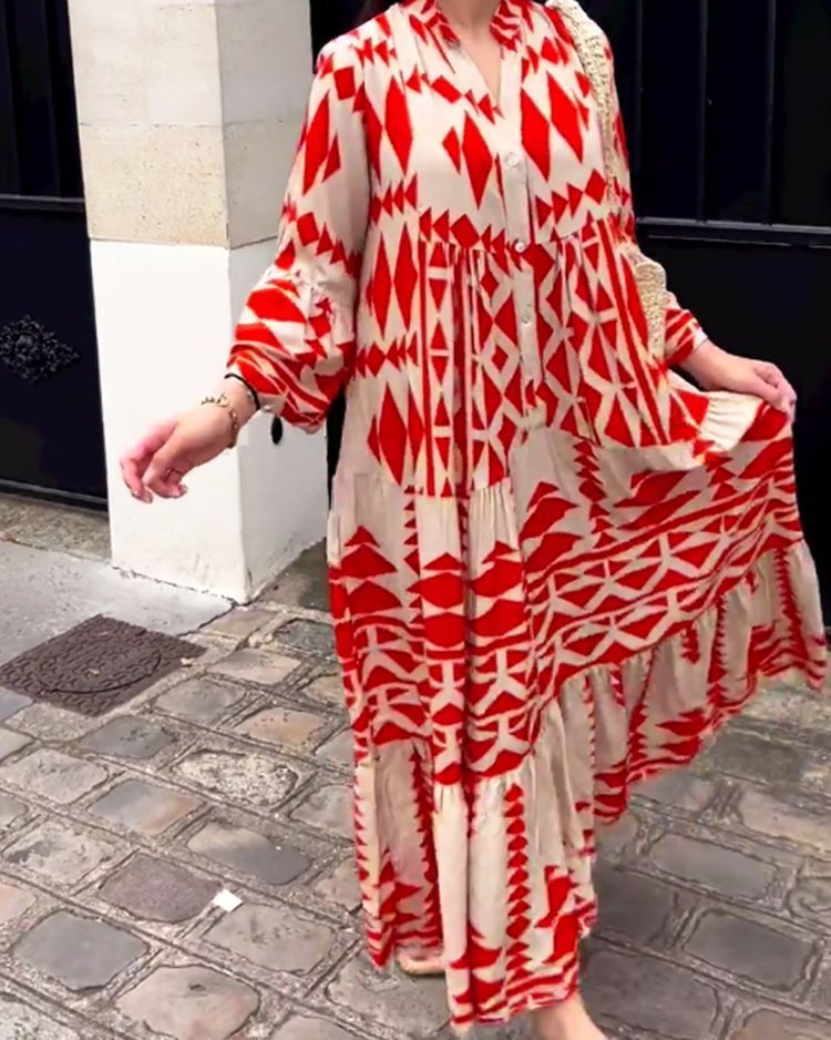 Robe chemise longue décontractée style bohème à imprimé géométrique et col en V pour femme
