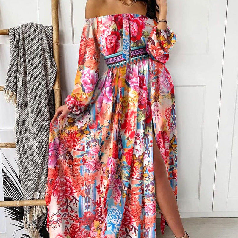 Women Fashion Boho Style Floral Printed Off-Shoulder Maxi Dress