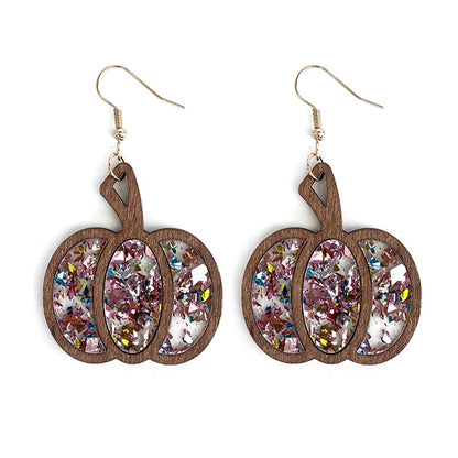 Pendientes de madera con forma de calabaza y purpurina para Halloween para mujer