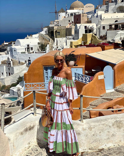 Vestido largo informal de verano para mujer, con rayas, hombros descubiertos, manga corta y volantes
