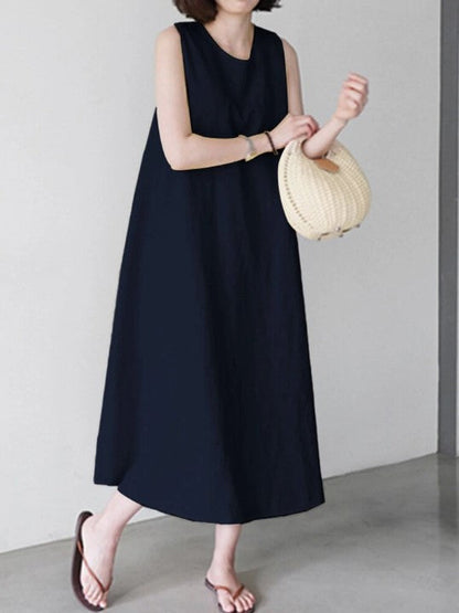 Vestido de lino y algodón con cuello redondo de color liso para mujer de verano