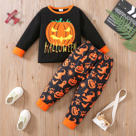 Kids Toddler Boys Halloween Pumpkin Print Long Sleeve Sweatshirt and Pants Set