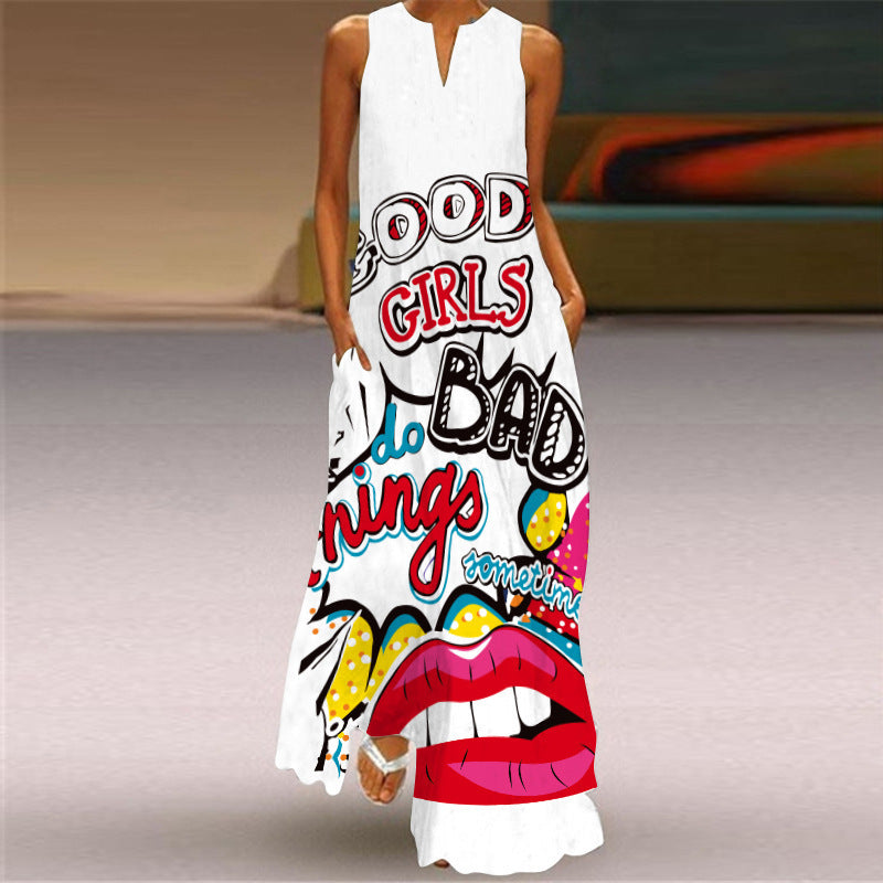 Vestido maxi sin mangas con cuello en V estilo bohemio informal de verano para mujer