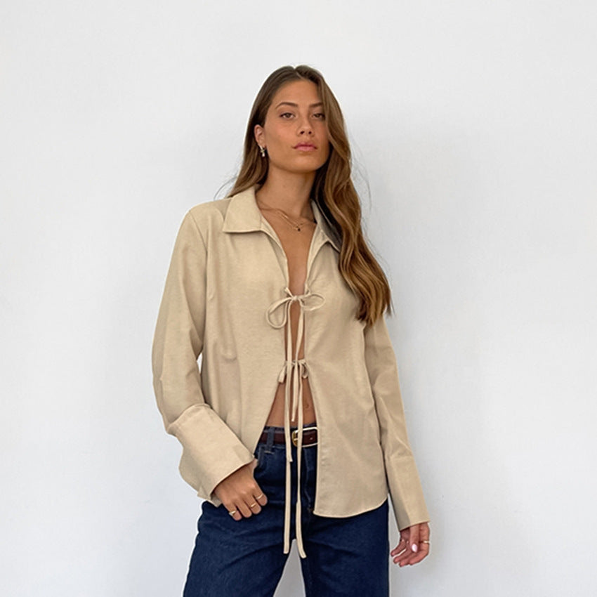 Camisa informal de manga larga con solapa y encaje para mujer de verano
