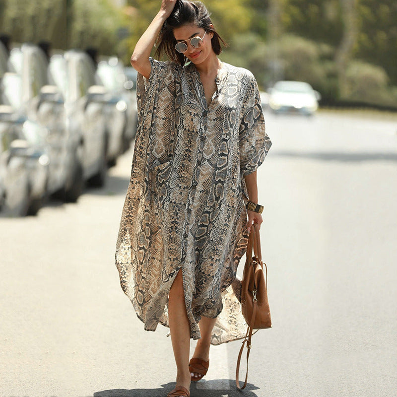 Women Fashion Summer Vacation Boho Style Leopard V Neck Loose Maxi Dress