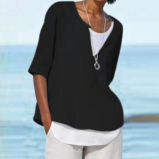 Blusa informal de lino con cuello en V y color liso para mujer