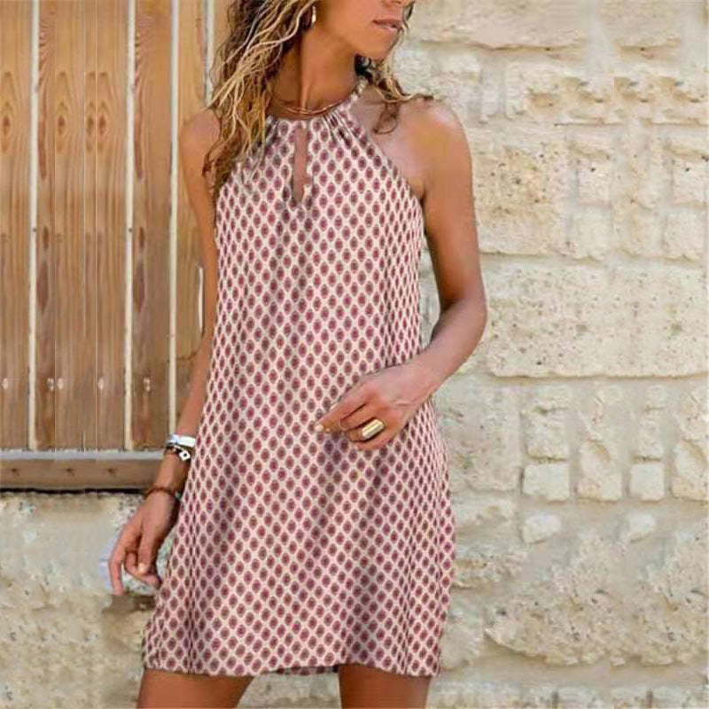 Vestido informal bohemio con estampado floral y cuello halter calado para mujer, talla grande