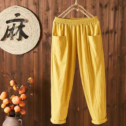 Women Casual Solid Color Cotton Linen Cropped Pants