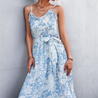 Vestido elegante bohemio sin mangas con volantes florales de verano para mujer