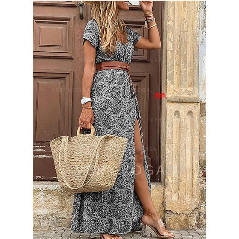 Women Fashion Bohemian V-Neck Tiny Flower Print Short Sleeve Maxi Dress