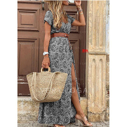 Women Fashion Bohemian V-Neck Tiny Flower Print Short Sleeve Maxi Dress