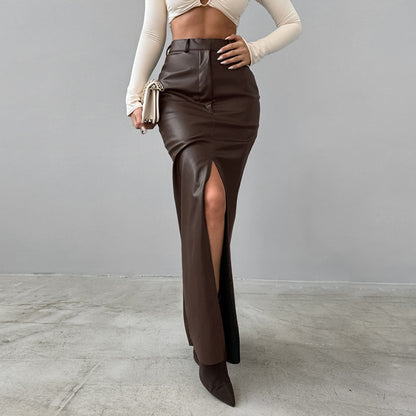 Jupe longue en cuir doublée polaire de couleur unie pour femme