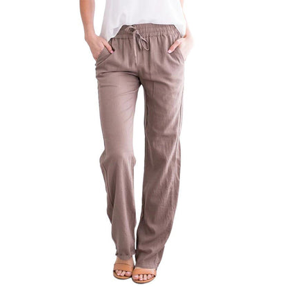 Women Casual Solid Color Cotton Linen Drawstring Pants