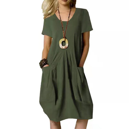 Vestido informal de algodón y lino con cuello redondo para mujer