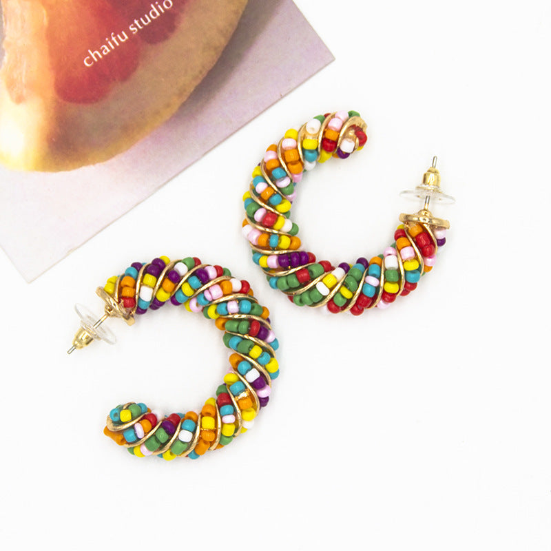 Bohemian Alloy Rice Beads C-Shaped Earrings