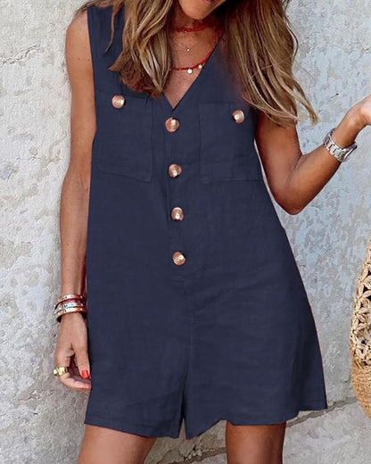 Combinaison débardeur boutonnée en coton et lin pour femme, col en V