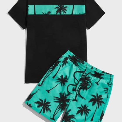 Hawaiian Casual Vacation Men Cotton Coconut Tree T-Shirt Set
