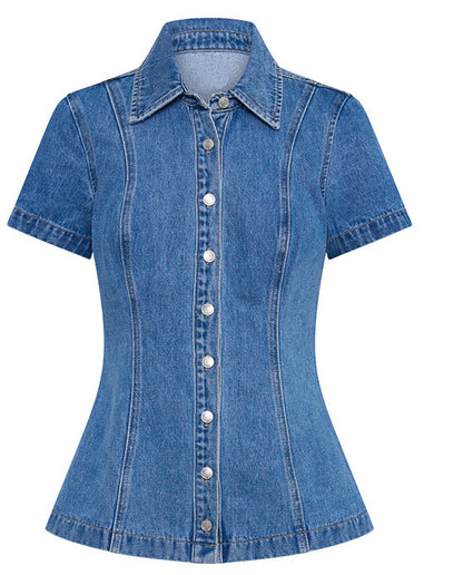 Women Fashion Lapel Short Sleeve Button Denim Top High Waist Skirt Two-Piece Set