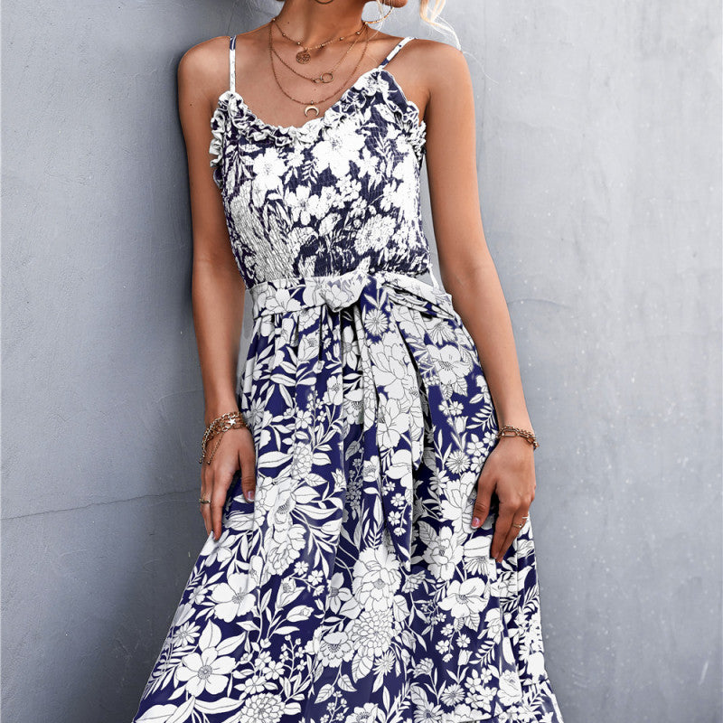 Vestido elegante bohemio sin mangas con volantes florales de verano para mujer