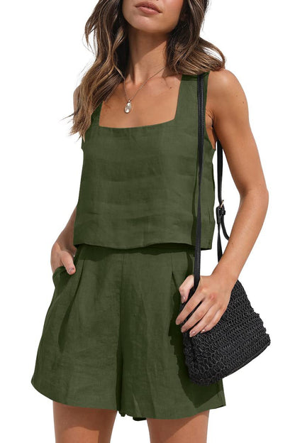 Conjunto de camiseta sin mangas y pantalones cortos de lino liso informal de verano para mujer