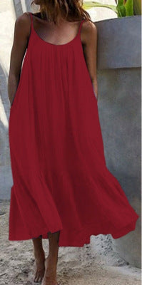 Vestido lencero holgado con volantes de color liso, estilo bohemio e informal para mujer