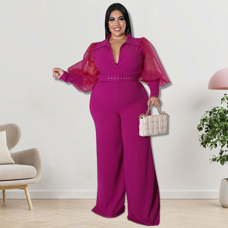 Plus Size Women Color Contrast Collar Jumpsuits